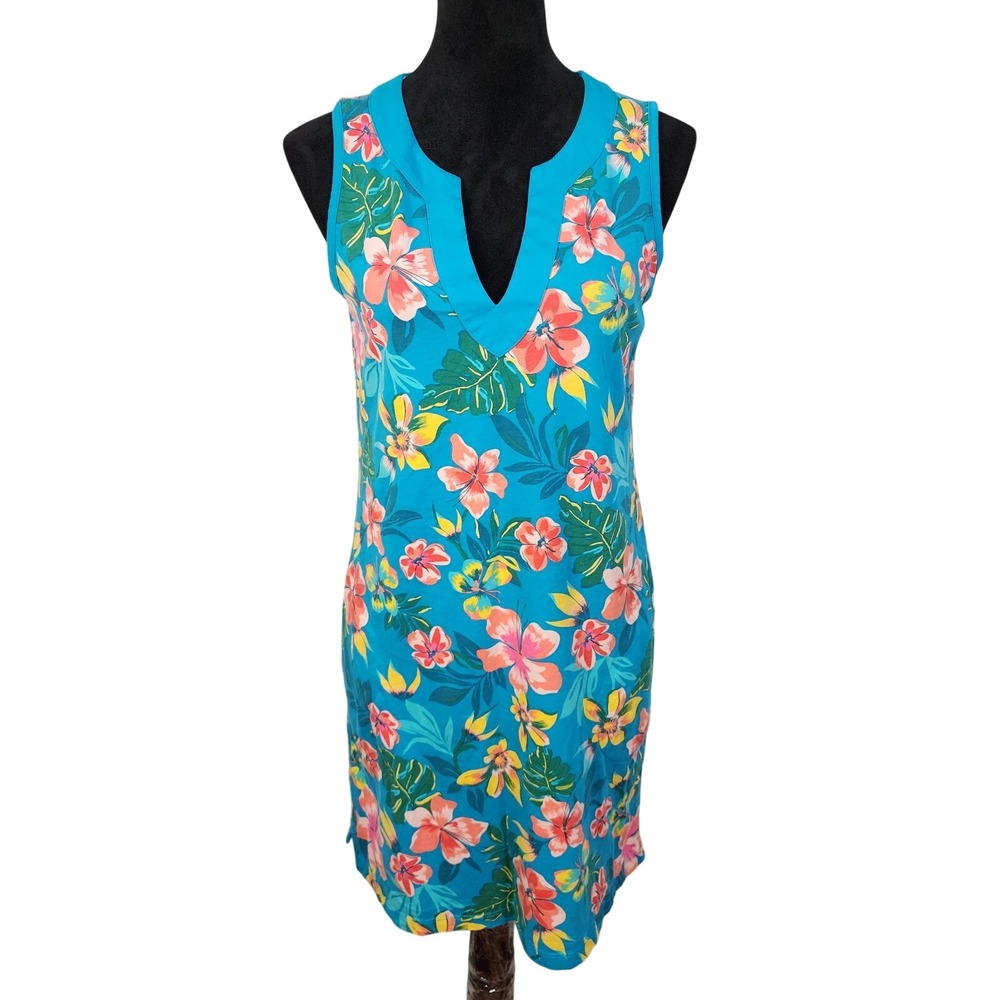 LANDS END Size Small Tropical Teal Floral Split V-neck Cotton Shift Dress Beach